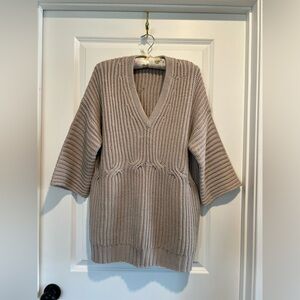 COS Taupe Ribbed V-Neck Chunky Knit Sweater